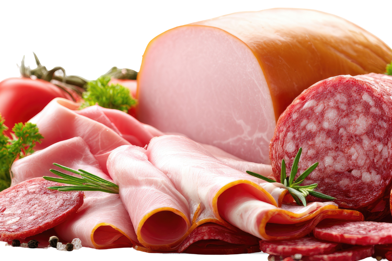Kompozycja roznych rodzajow wedlin, plastrow szynki i salami z dodatkiem swiezych ziol i pomidorow.